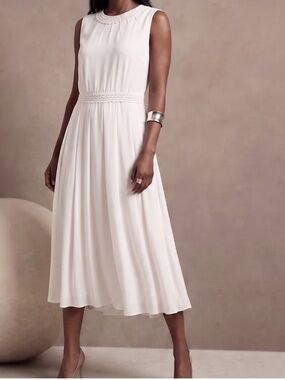 Beautiful White Silky Rayon Sleeveless Midi Dress with Lace Trim